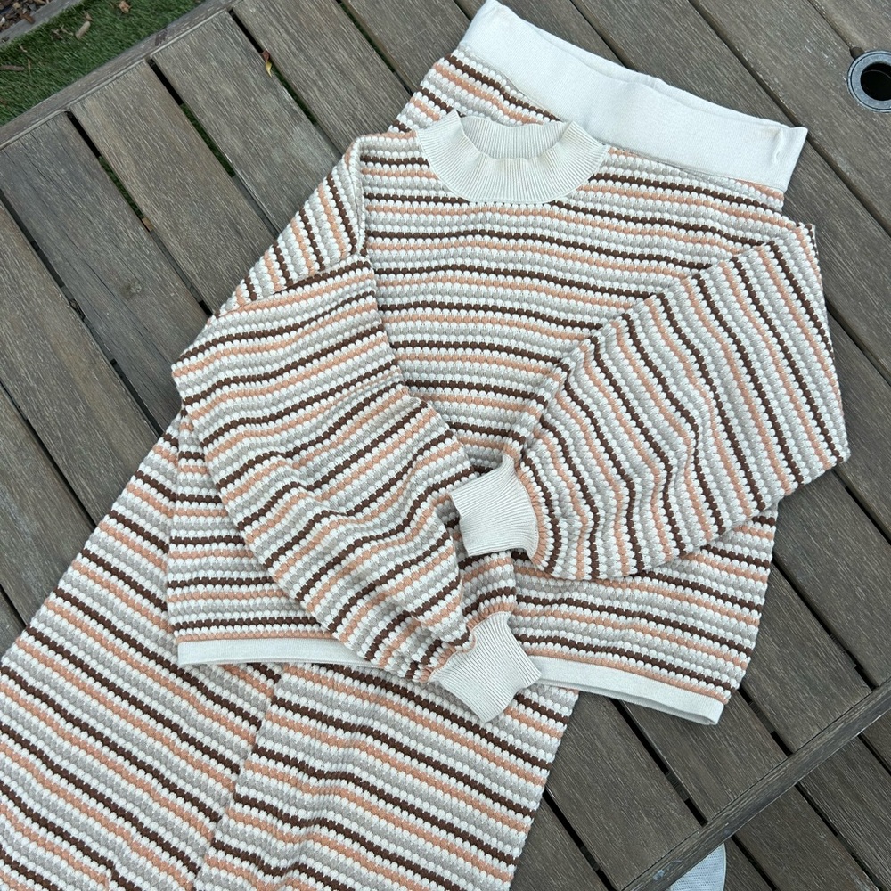 Striped Knit Sweater and Pants in Cream and Brown